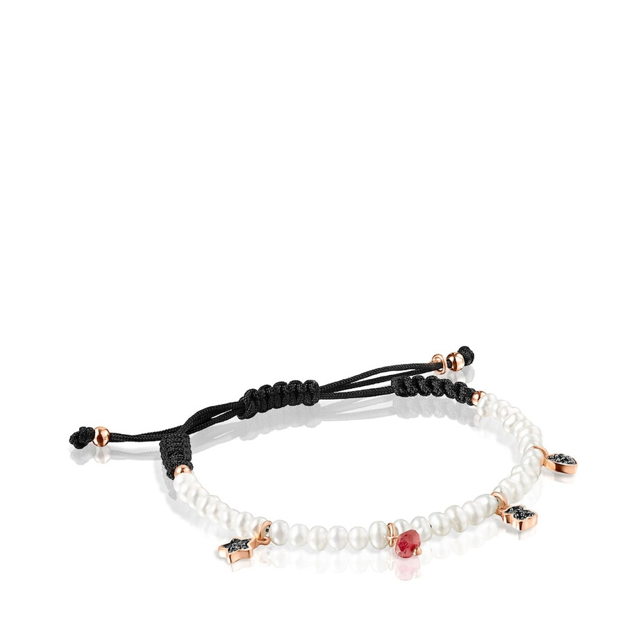 bracciale con motivo di perle e cordino nero in argento vermeil rosa e pietre preziose
