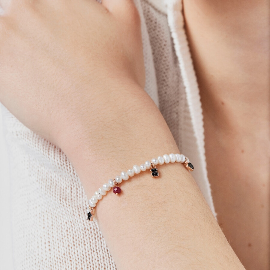 bracciale con motivo di perle e cordino nero in argento vermeil rosa e pietre preziose