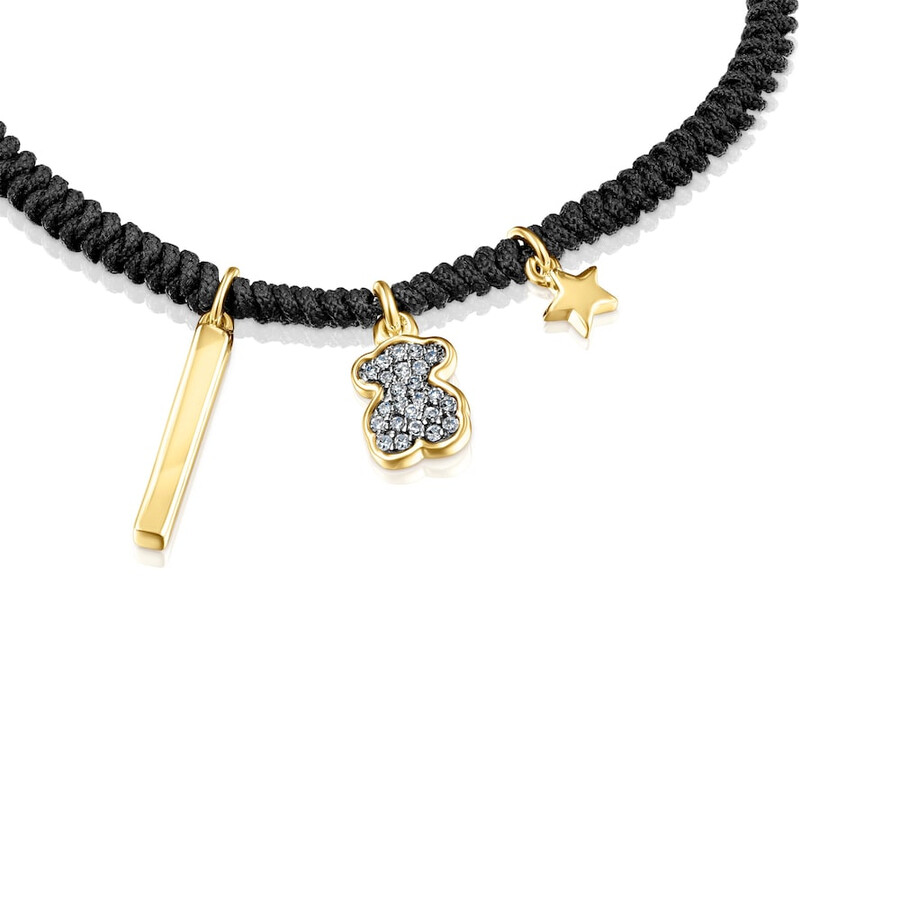 bracciale nocturne in argento vermeil con diamanti e cordino nero