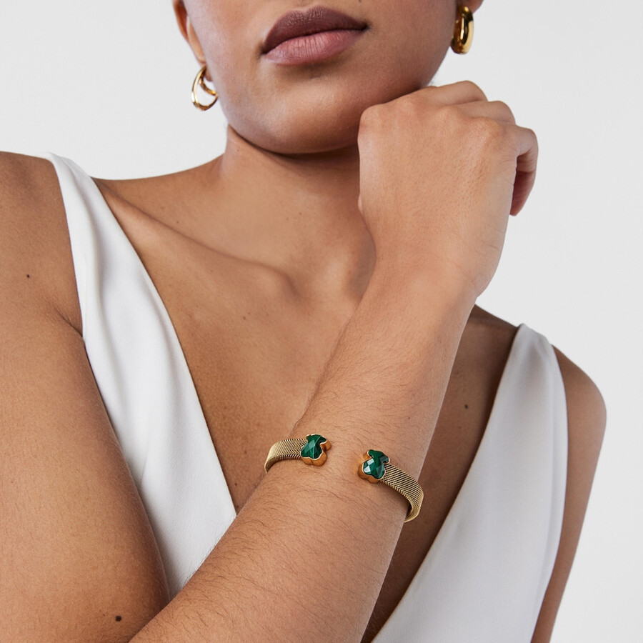 bracciale in maglia di acciaio ip color oro con malachite