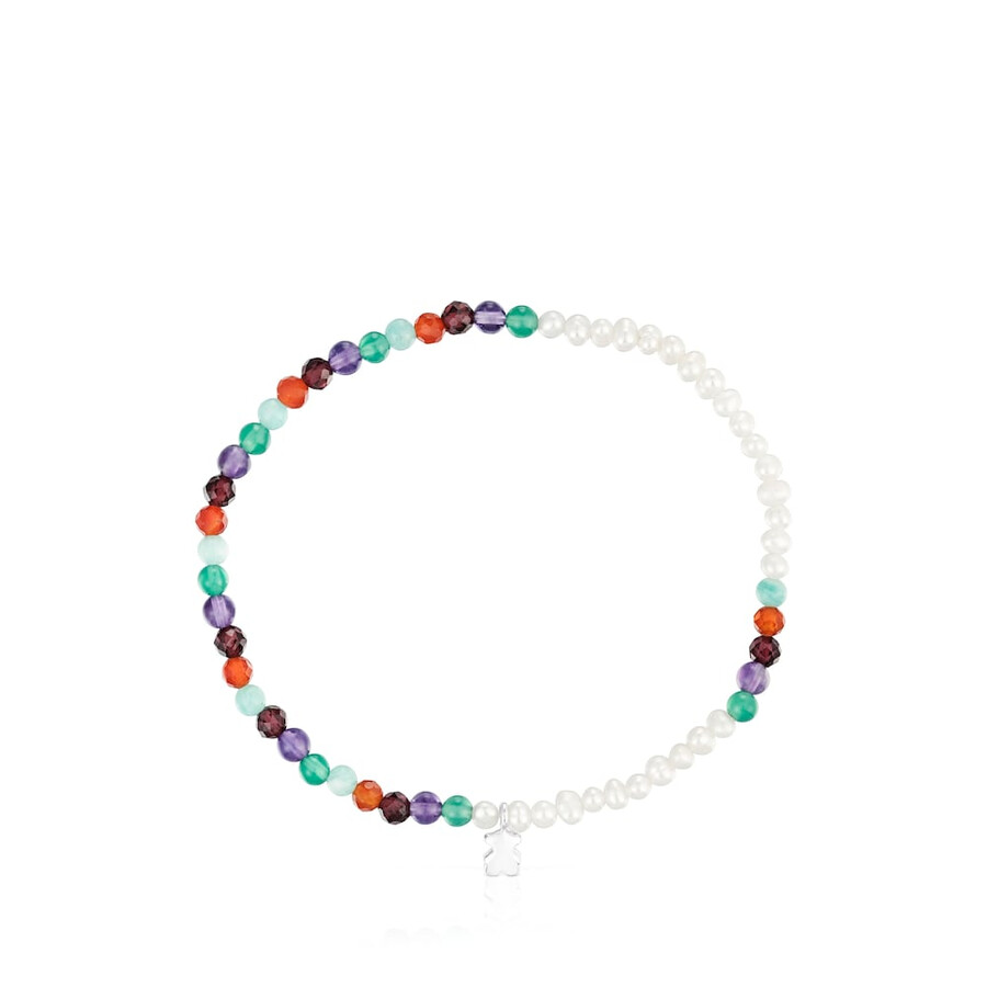 bracciale elastico bold motif con pietre preziose perle coltivate e motivo a forma di orso in argento