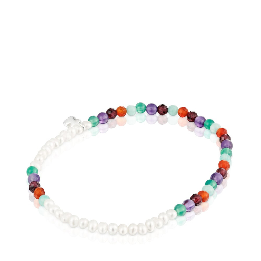 bracciale elastico bold motif con pietre preziose perle coltivate e motivo a forma di orso in argento