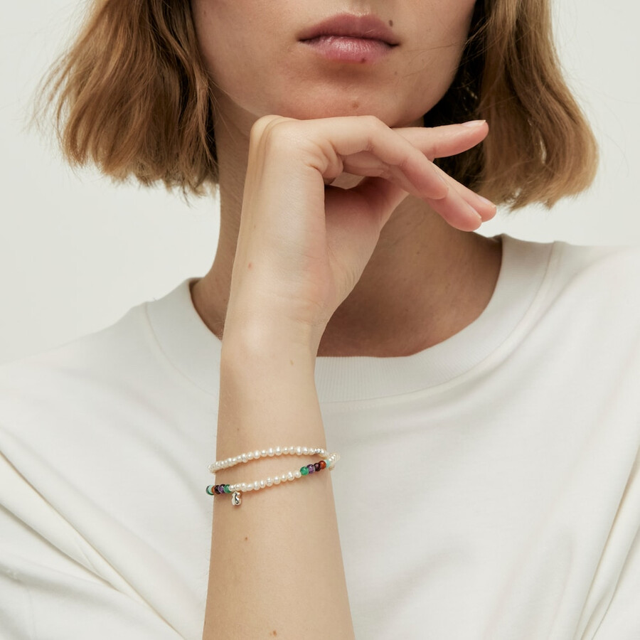 bracciale elastico bold motif con pietre preziose perle coltivate e motivo a forma di orso in argento