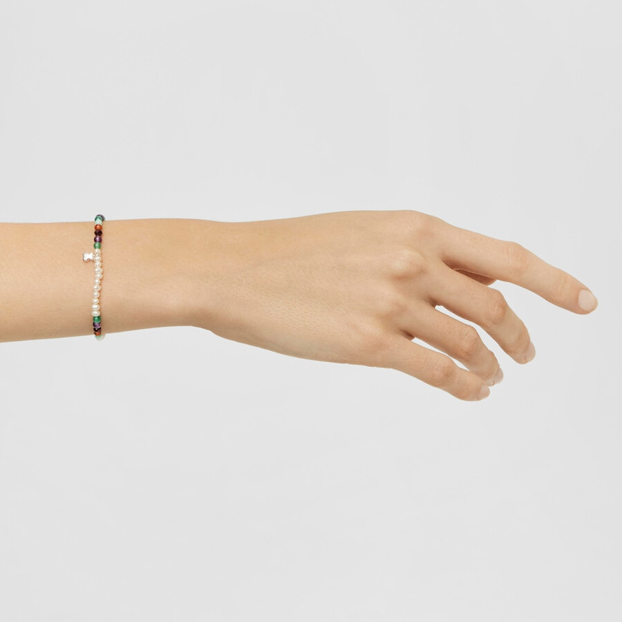 bracciale elastico bold motif con pietre preziose perle coltivate e motivo a forma di orso in argento