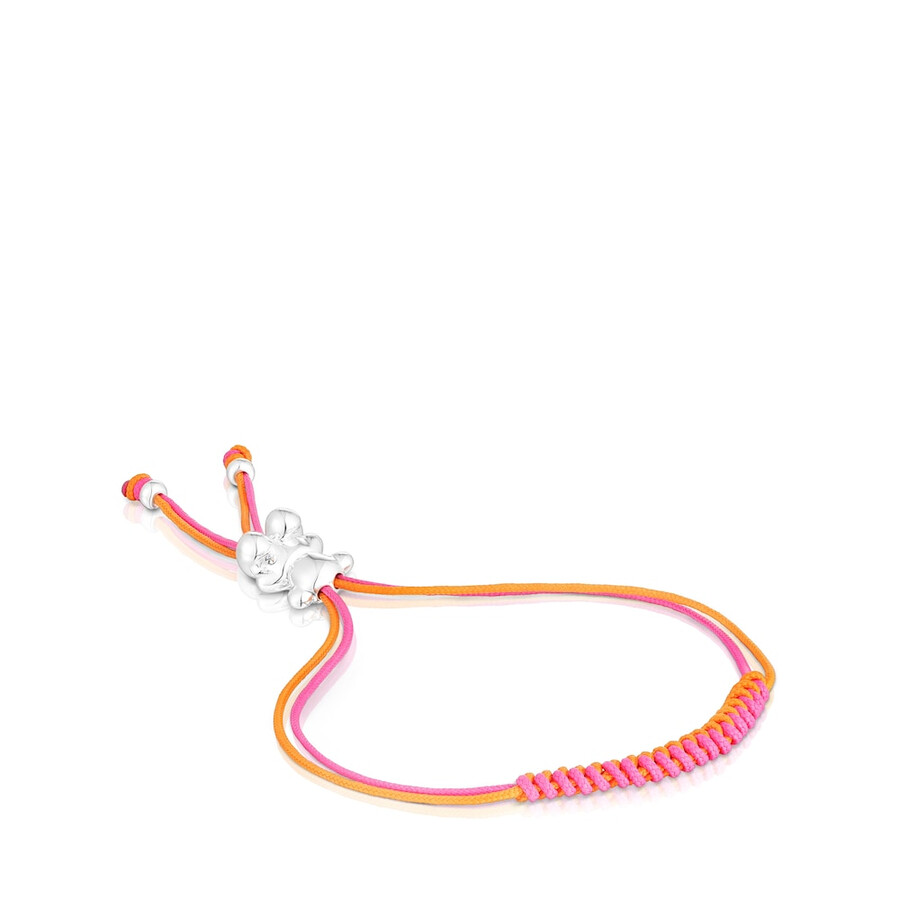 bracciale bold bear con cordino fucsia e arancione e un orso argentato