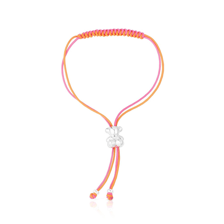 bracciale bold bear con cordino fucsia e arancione e un orso argentato