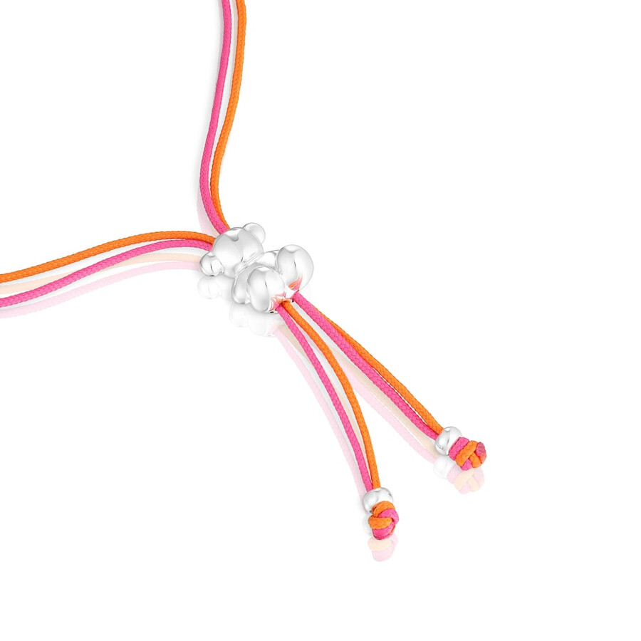 bracciale bold bear con cordino fucsia e arancione e un orso argentato