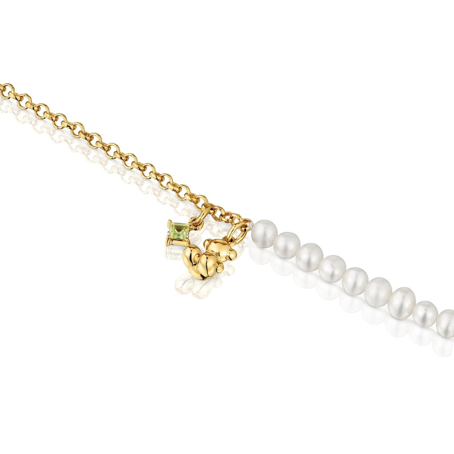 bracciale a catena con placcatura in oro su argento perle coltivate e peridoto bold bear