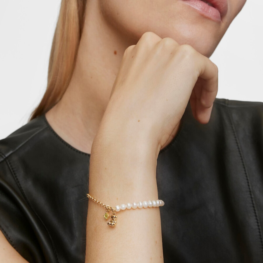 bracciale a catena con placcatura in oro su argento perle coltivate e peridoto bold bear