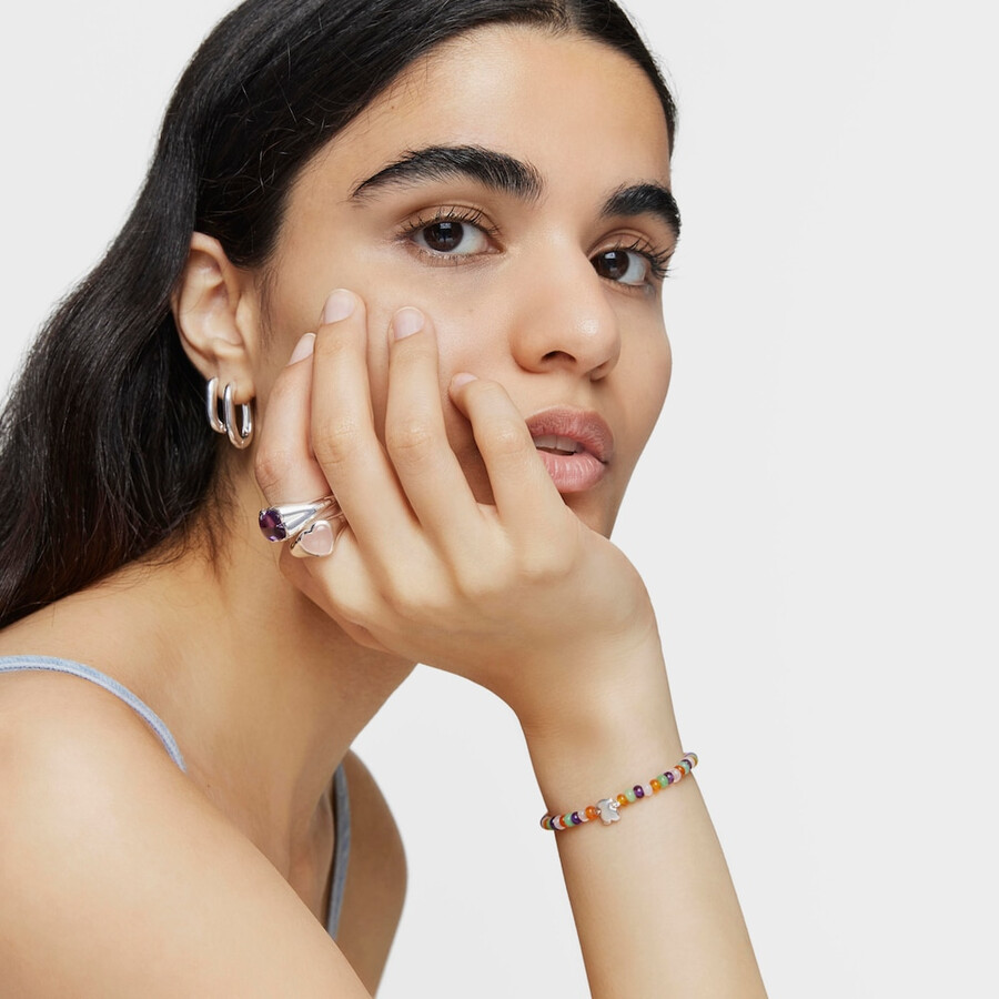 bracciale elastico con pietre preziose e motivo a forma di orso in argento bold motif