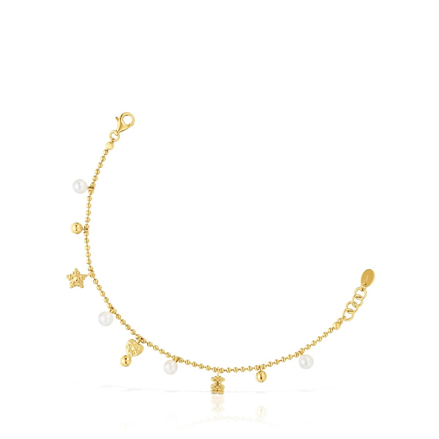 bracciale a catena con placcatura in oro 18kt su argento e perle coltivate e motivi tous grain