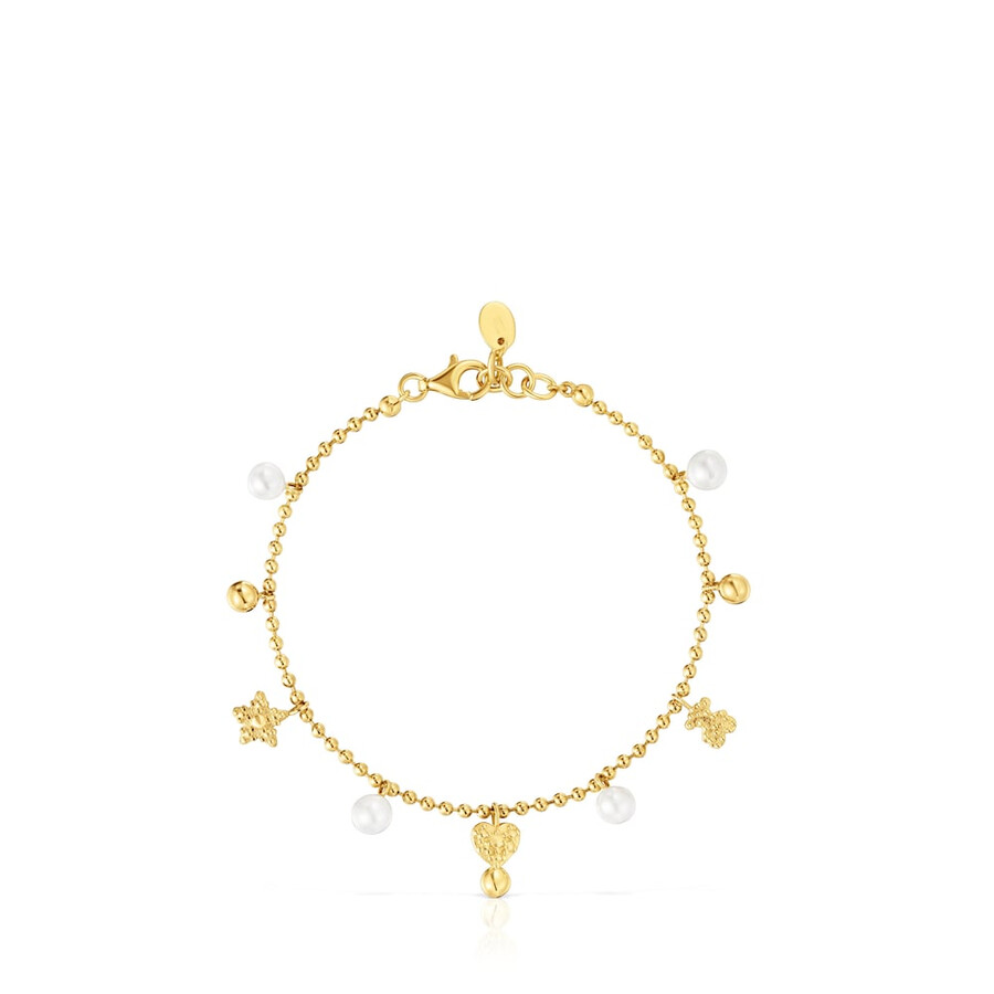 bracciale a catena con placcatura in oro 18kt su argento e perle coltivate e motivi tous grain