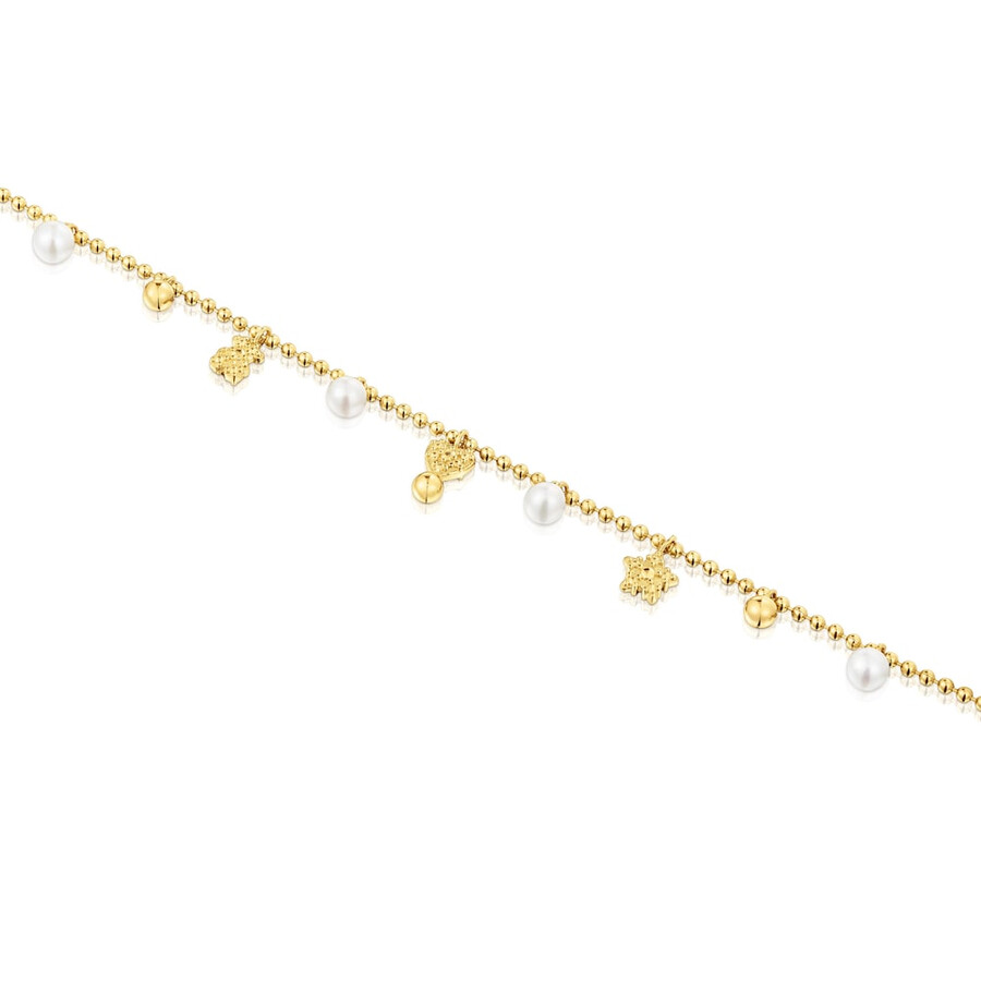 bracciale a catena con placcatura in oro 18kt su argento e perle coltivate e motivi tous grain