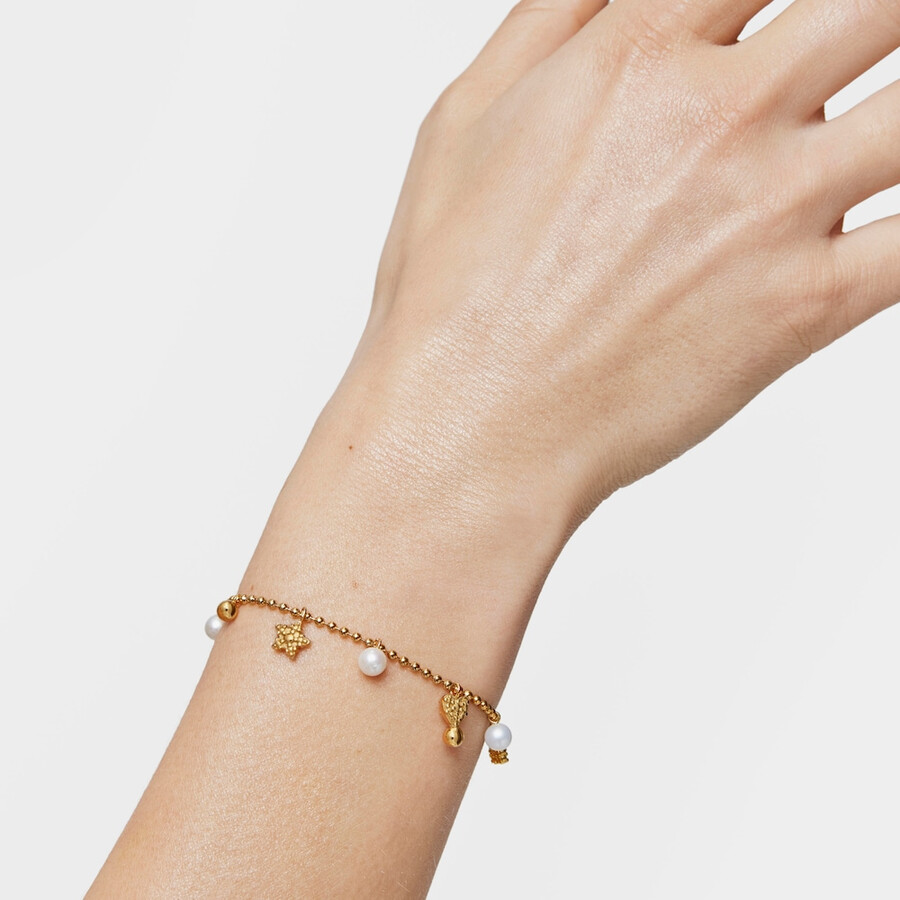 bracciale a catena con placcatura in oro 18kt su argento e perle coltivate e motivi tous grain