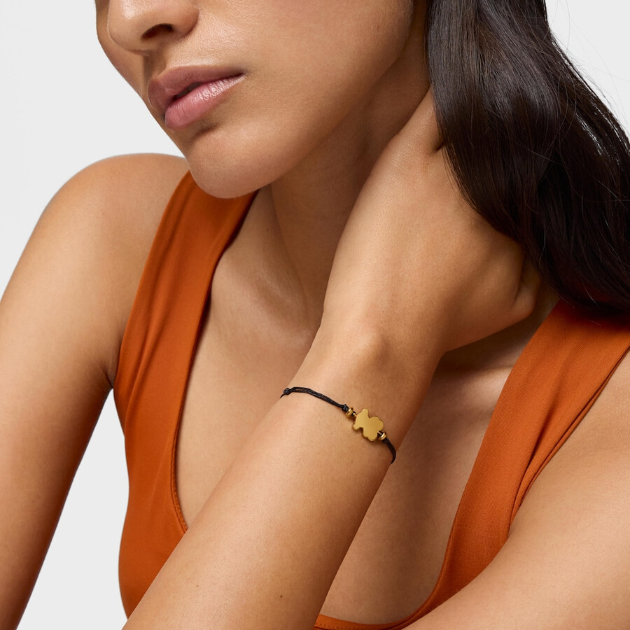 bracciale placcato oro 18kt su argento e nylon nero con ciondolo a forma di orsetto sweet dolls