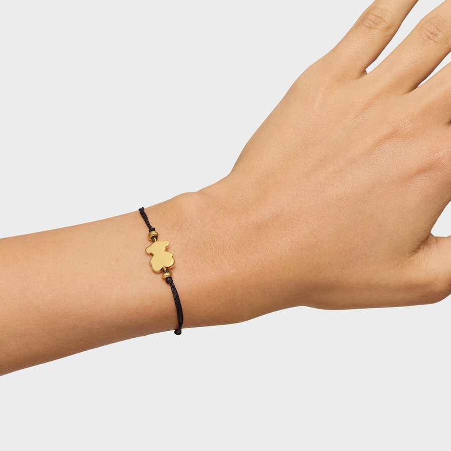 bracciale placcato oro 18kt su argento e nylon nero con ciondolo a forma di orsetto sweet dolls