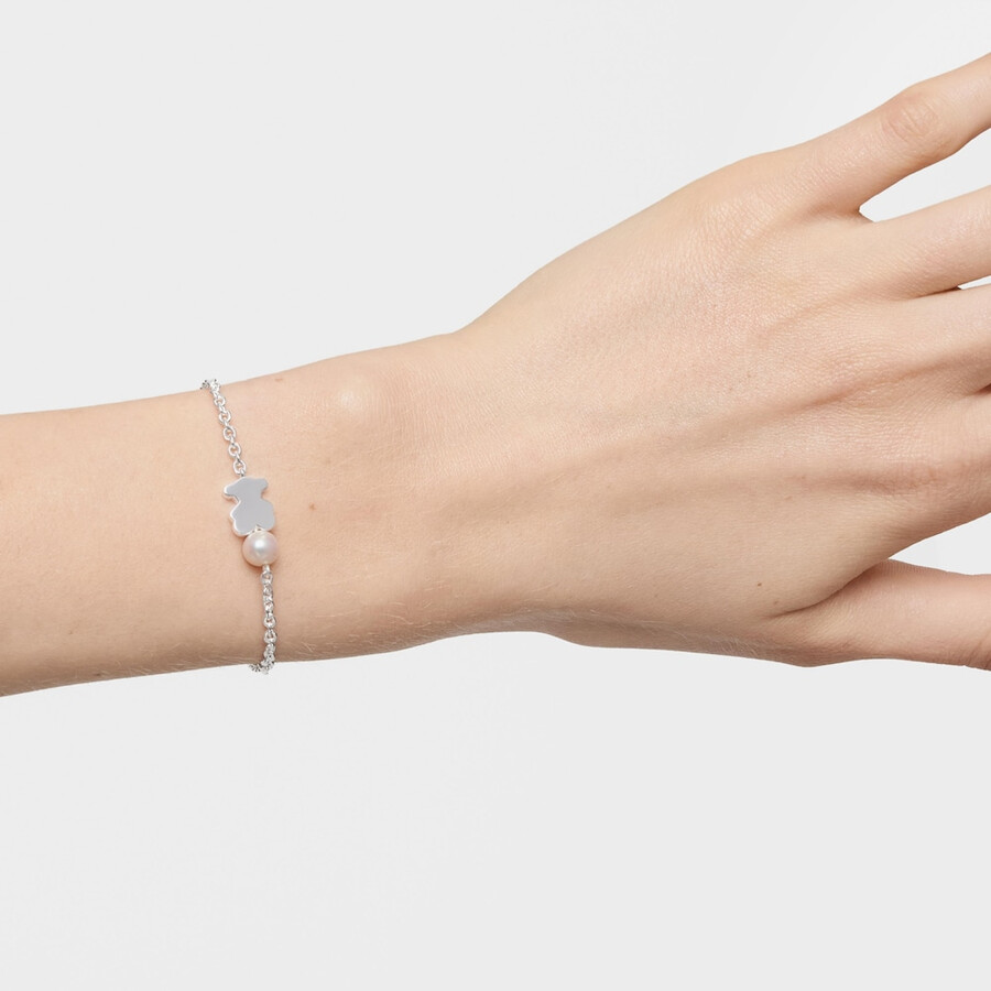 bracciale a catena in argento ciondolo a forma di orso e perle coltivate sweet dolls