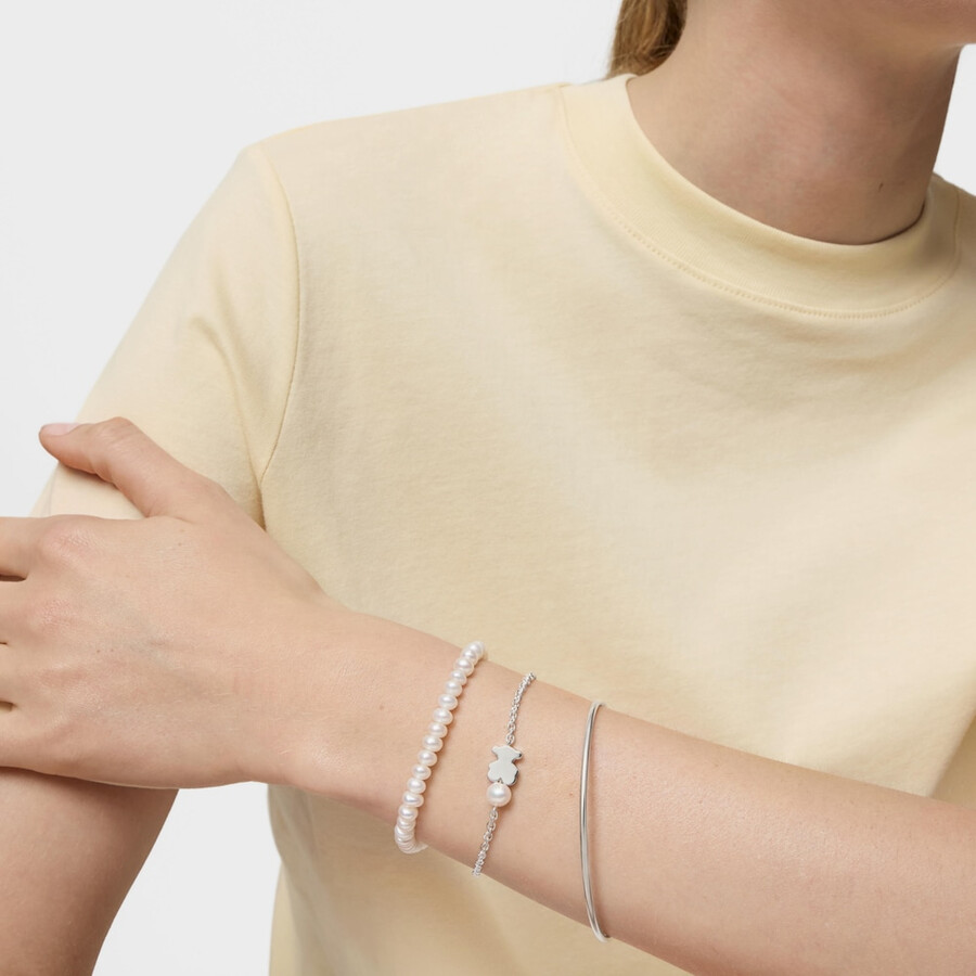bracciale a catena in argento ciondolo a forma di orso e perle coltivate sweet dolls
