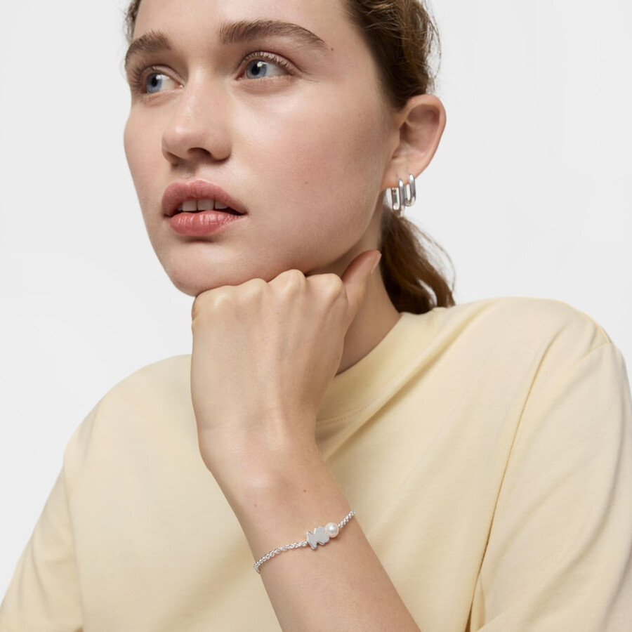 bracciale a catena in argento ciondolo a forma di orso e perle coltivate sweet dolls
