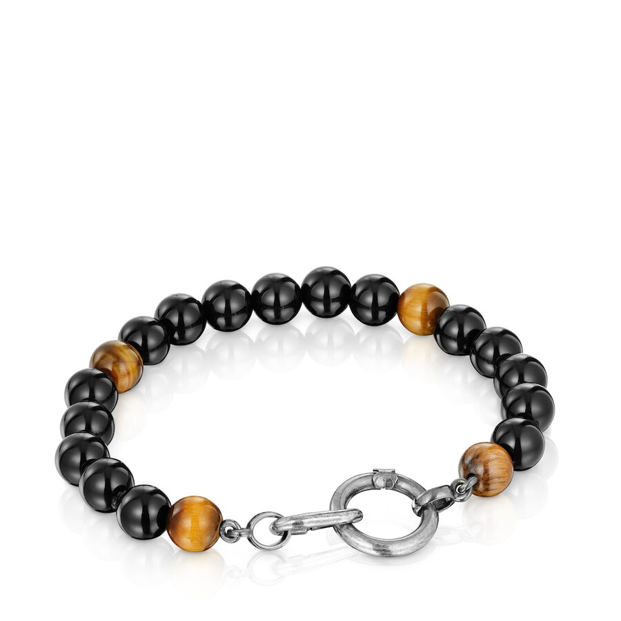 bracciale in argento invecchiato con onice occhio di tigre e anelli hold man