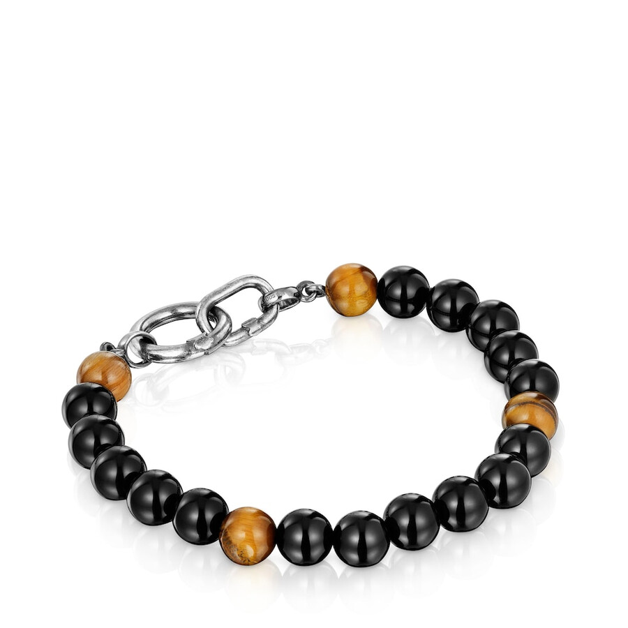 bracciale in argento invecchiato con onice occhio di tigre e anelli hold man