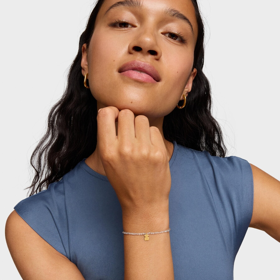 bracciale elastico con labradorite grigia e orso con placcatura in oro 18kt su argento tous motifs