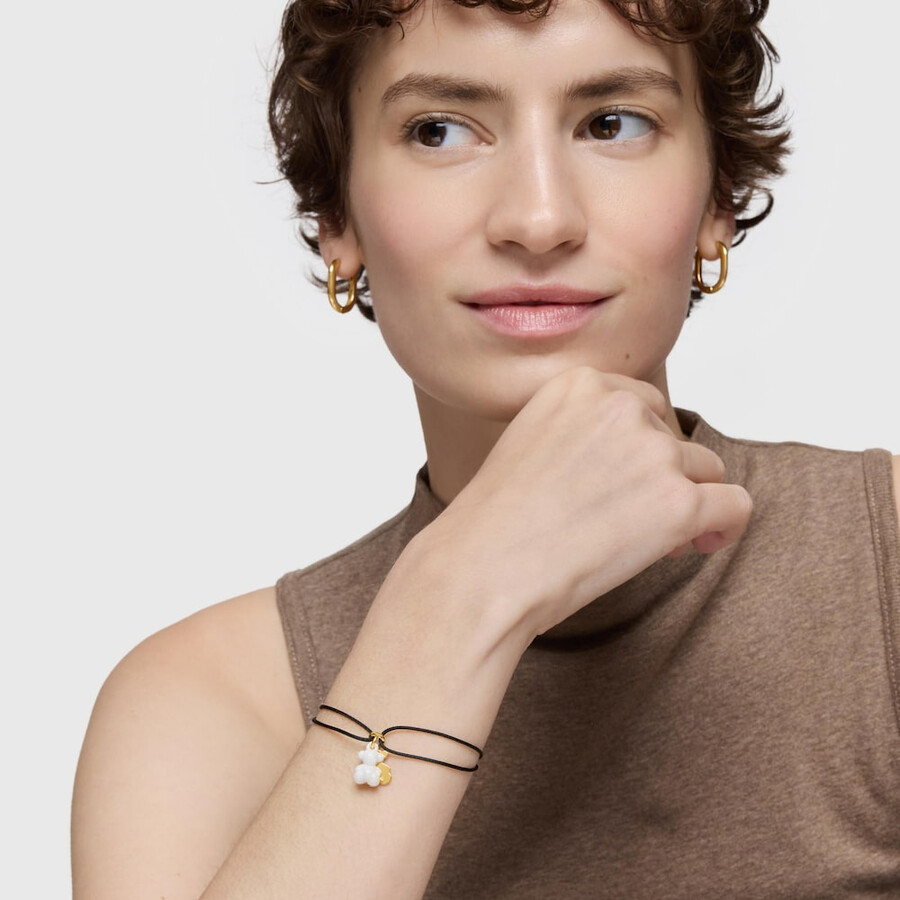 bracciale doppio orso con placcatura in oro 18kt su argento ceramica bianca e nylon nero bold bear