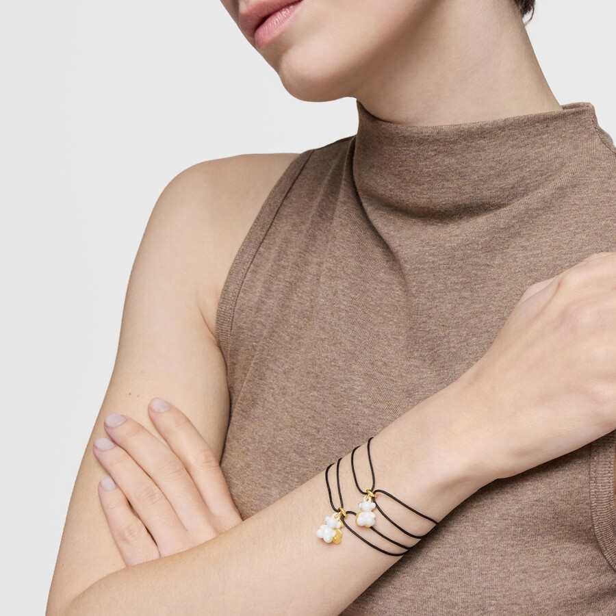 bracciale doppio orso con placcatura in oro 18kt su argento ceramica bianca e nylon nero bold bear