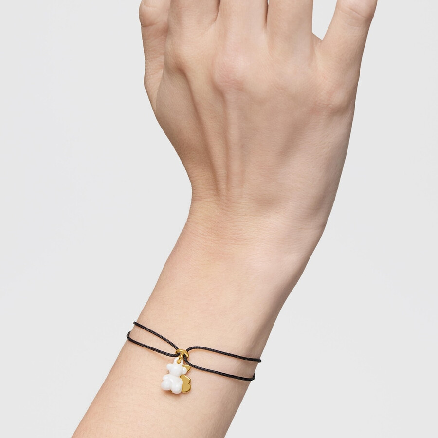 bracciale doppio orso con placcatura in oro 18kt su argento ceramica bianca e nylon nero bold bear