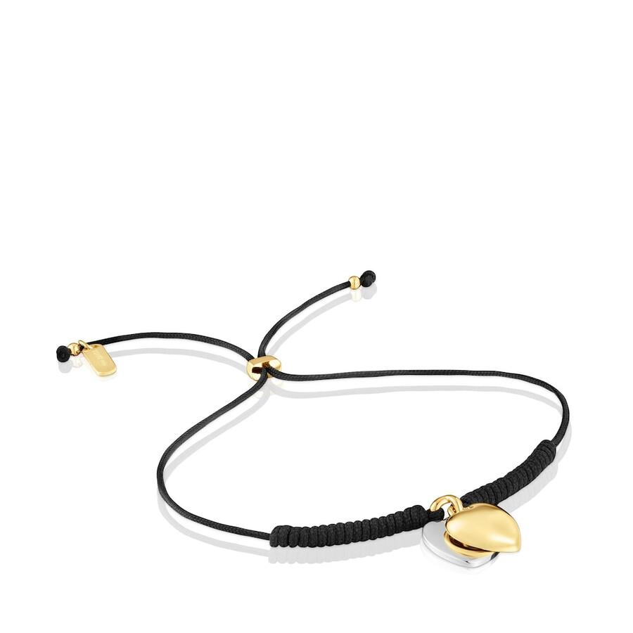 bracciale doppio cuore con placcatura in oro 18kt su argento e nylon nero tous flechazo