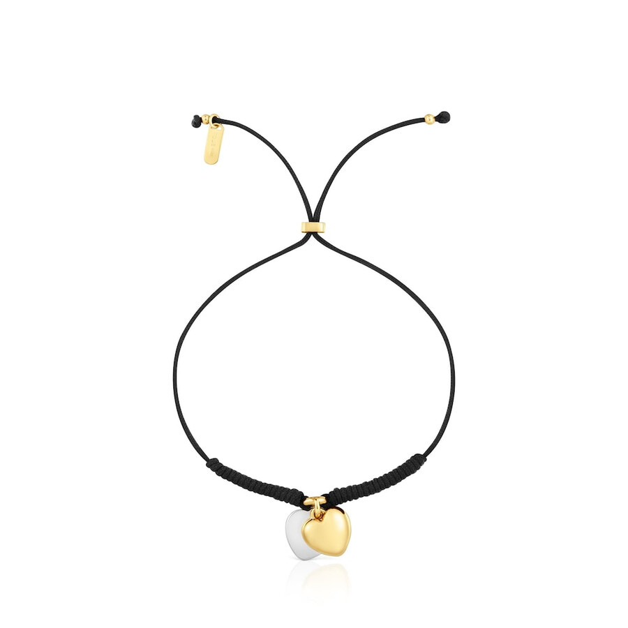 bracciale doppio cuore con placcatura in oro 18kt su argento e nylon nero tous flechazo