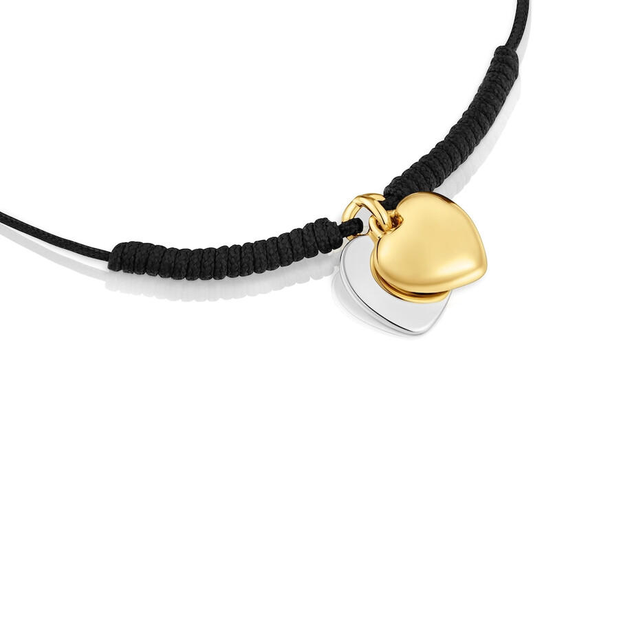 bracciale doppio cuore con placcatura in oro 18kt su argento e nylon nero tous flechazo