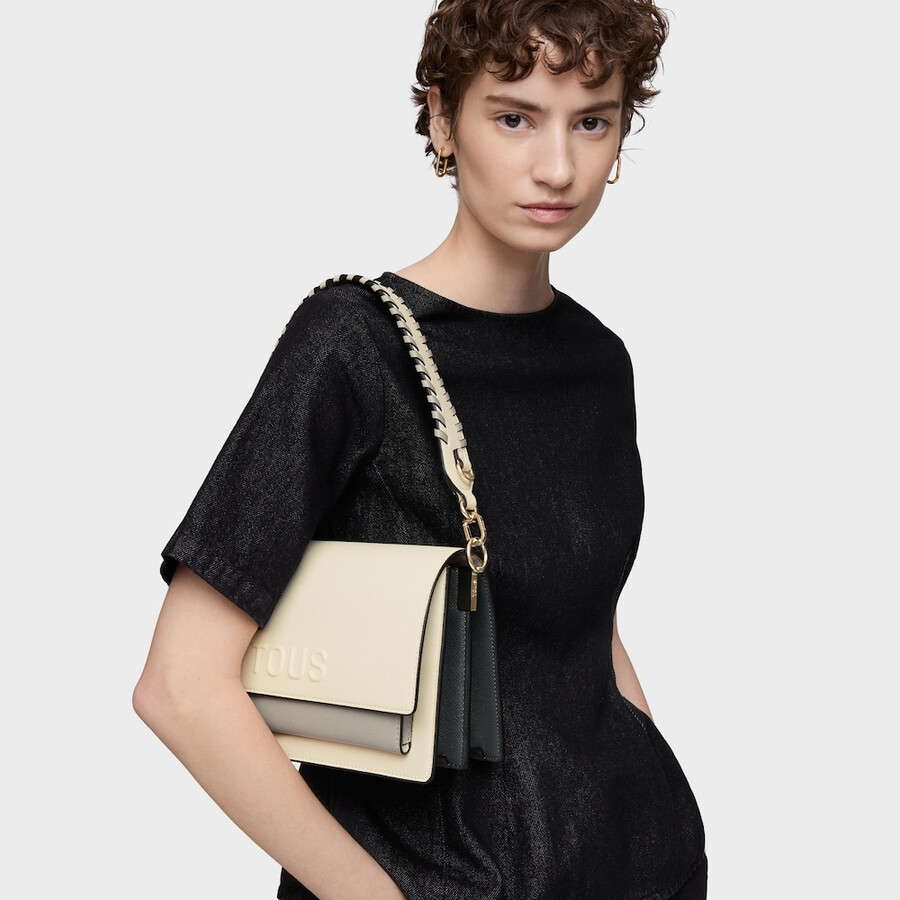 borsa a tracolla media beige e grigia audree saffiano