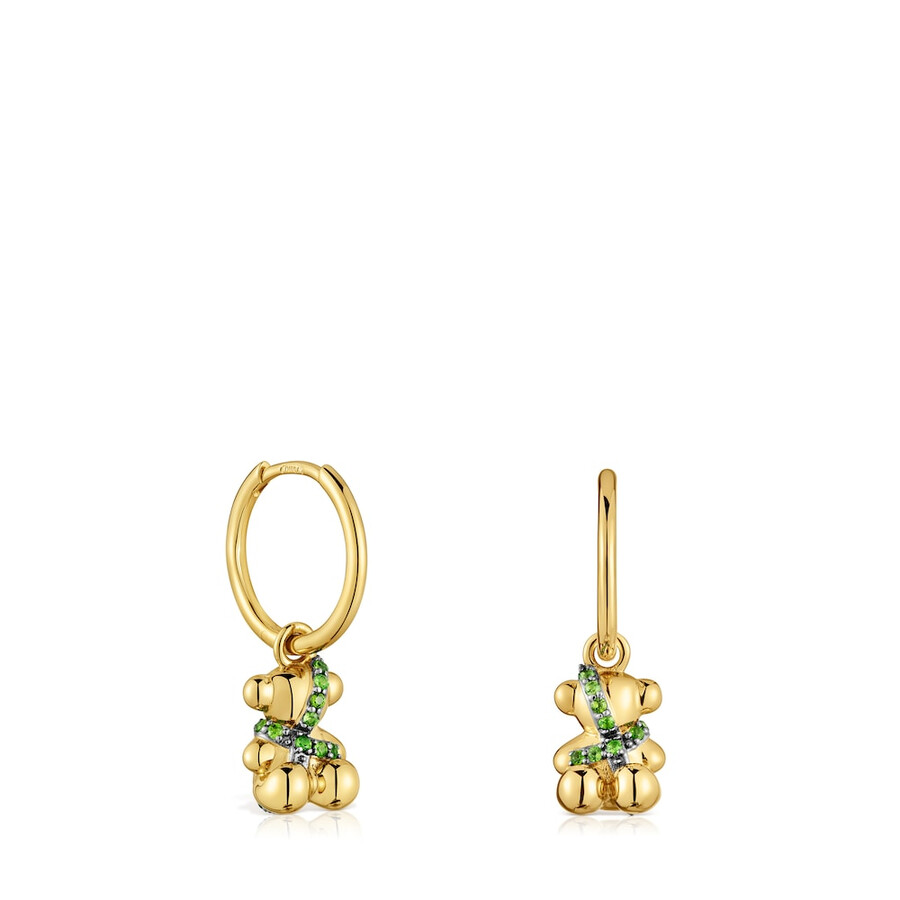 orecchini a cerchio corti in argento placcato oro 18kt con orsetto e diopside cromato lligat