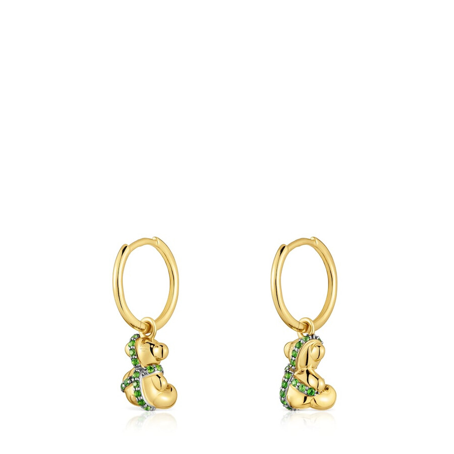 orecchini a cerchio corti in argento placcato oro 18kt con orsetto e diopside cromato lligat