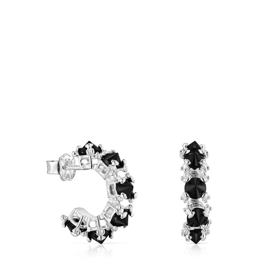 orecchini a cerchio color argento con onice