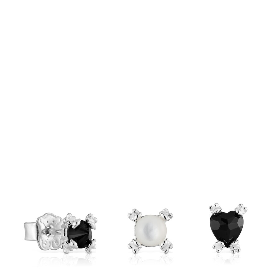 set di tre orecchini color pills in argento con onice e madreperla