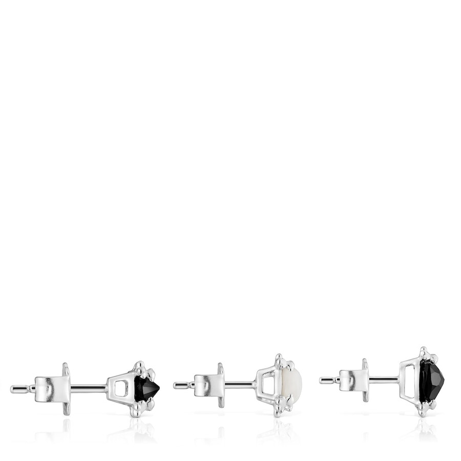 set di tre orecchini color pills in argento con onice e madreperla
