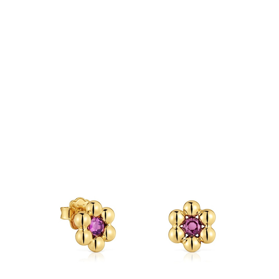 orecchini corti a forma di fiore con placcatura in oro 18kt su argento e rodolite sugar party