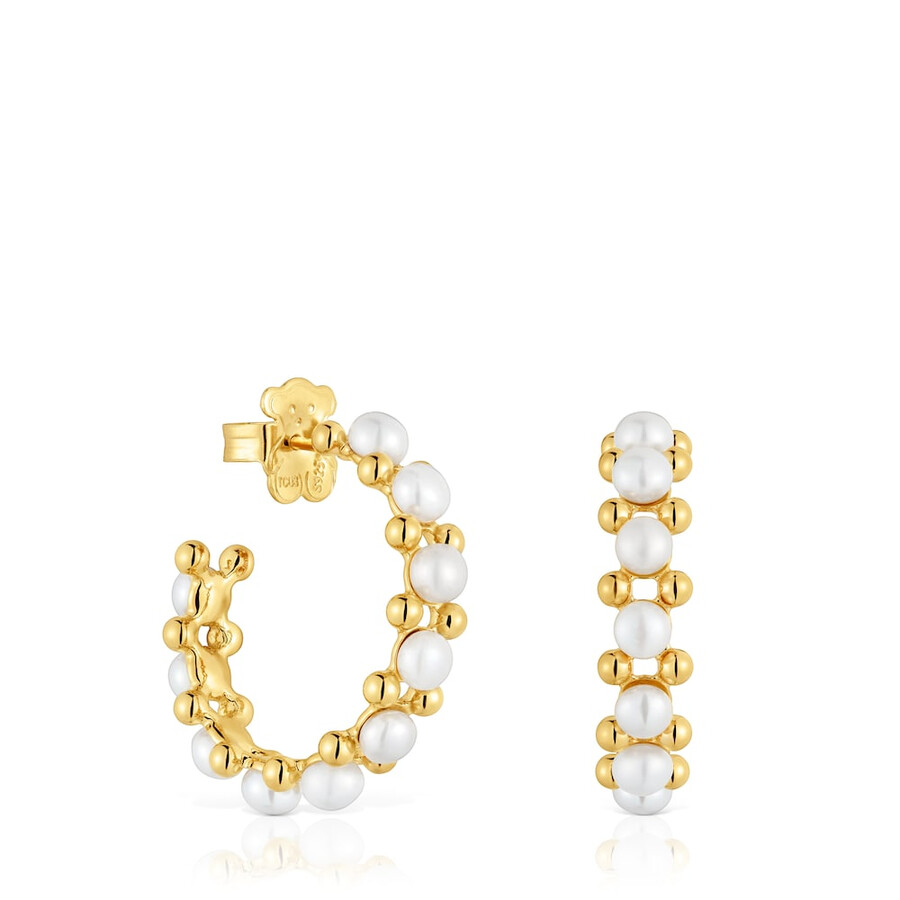 orecchini a triplo cerchio con placcatura in oro 18kt su argento e perle coltivate lucide