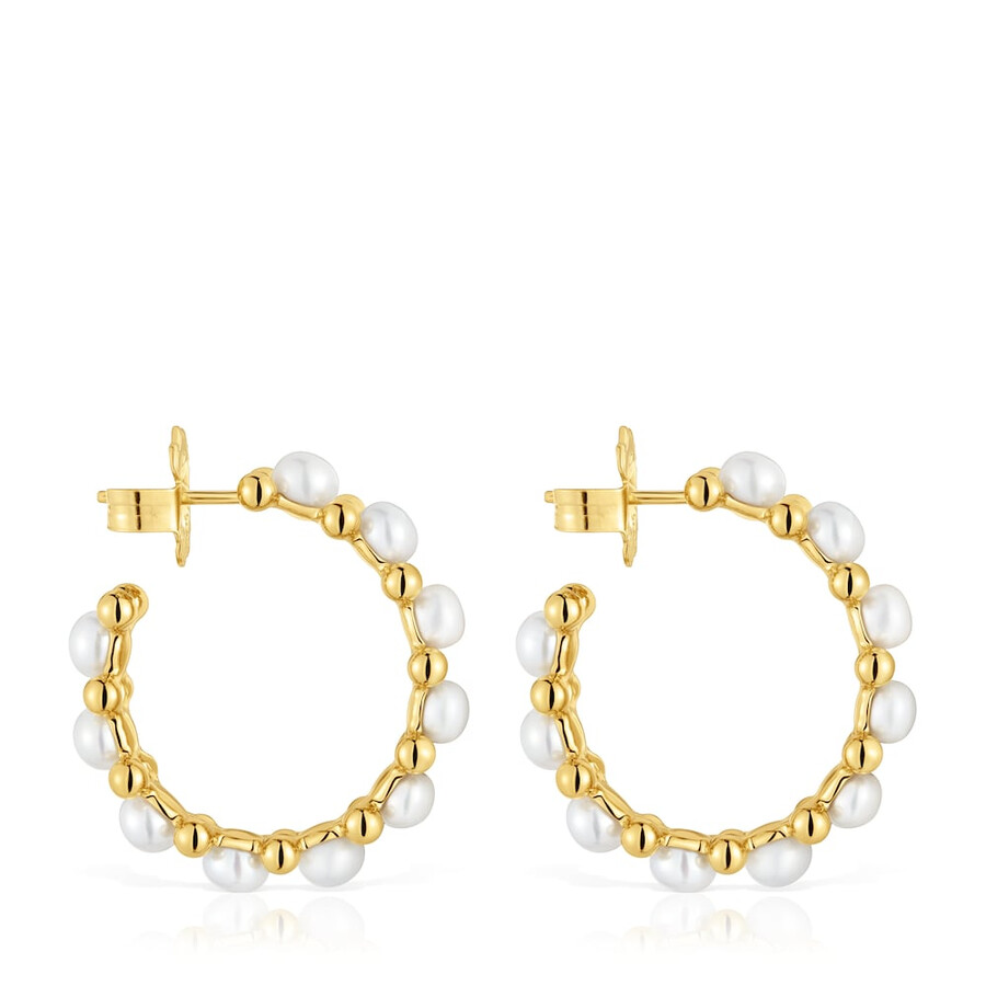 orecchini a triplo cerchio con placcatura in oro 18kt su argento e perle coltivate lucide