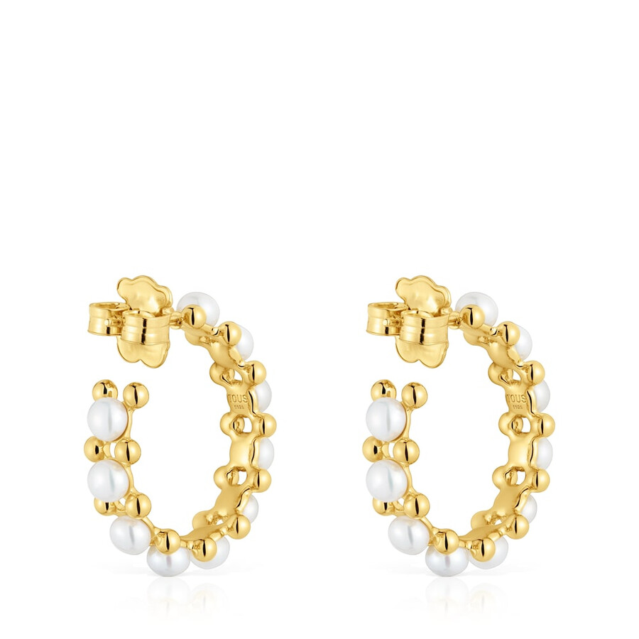 orecchini a triplo cerchio con placcatura in oro 18kt su argento e perle coltivate lucide