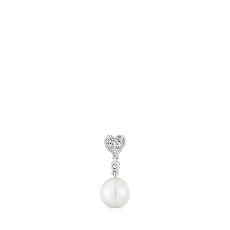 orecchino singolo a forma di cuore corto in oro bianco con diamanti e perla coltivata tous grain