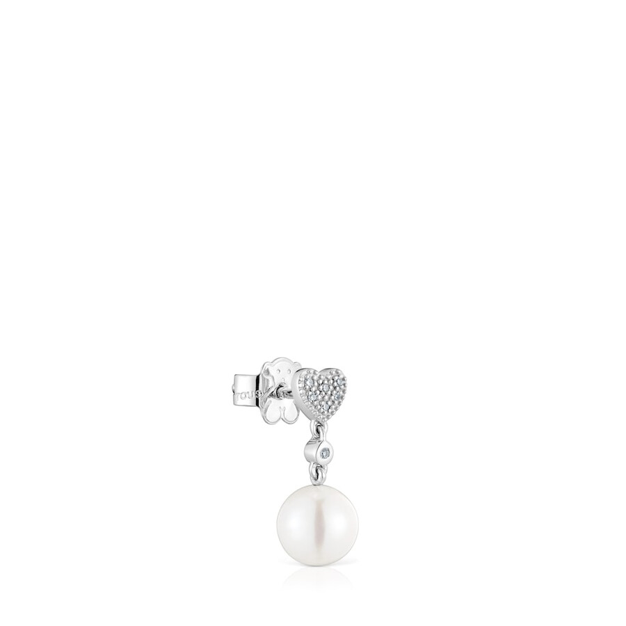orecchino singolo a forma di cuore corto in oro bianco con diamanti e perla coltivata tous grain