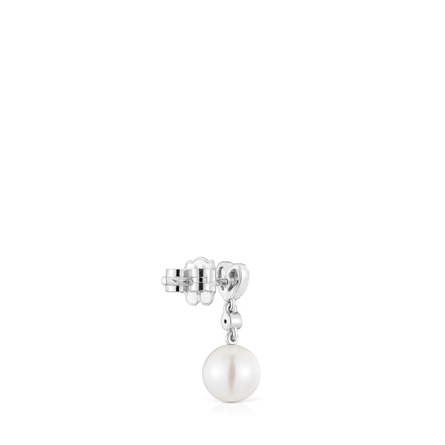 orecchino singolo a forma di cuore corto in oro bianco con diamanti e perla coltivata tous grain