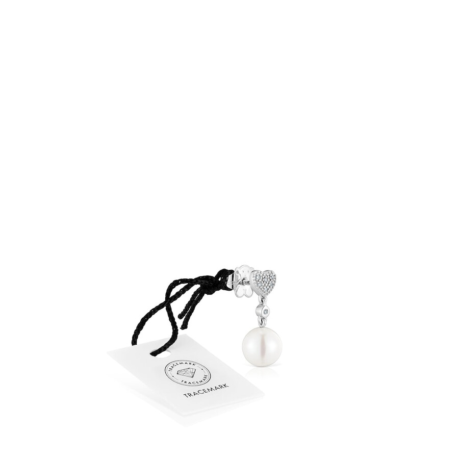 orecchino singolo a forma di cuore corto in oro bianco con diamanti e perla coltivata tous grain