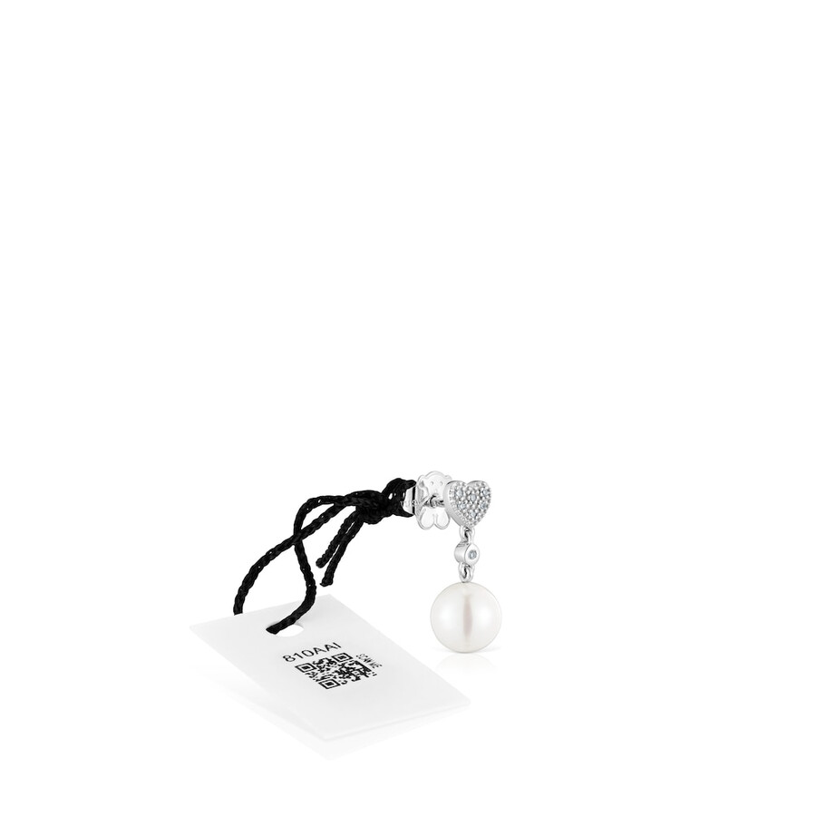 orecchino singolo a forma di cuore corto in oro bianco con diamanti e perla coltivata tous grain