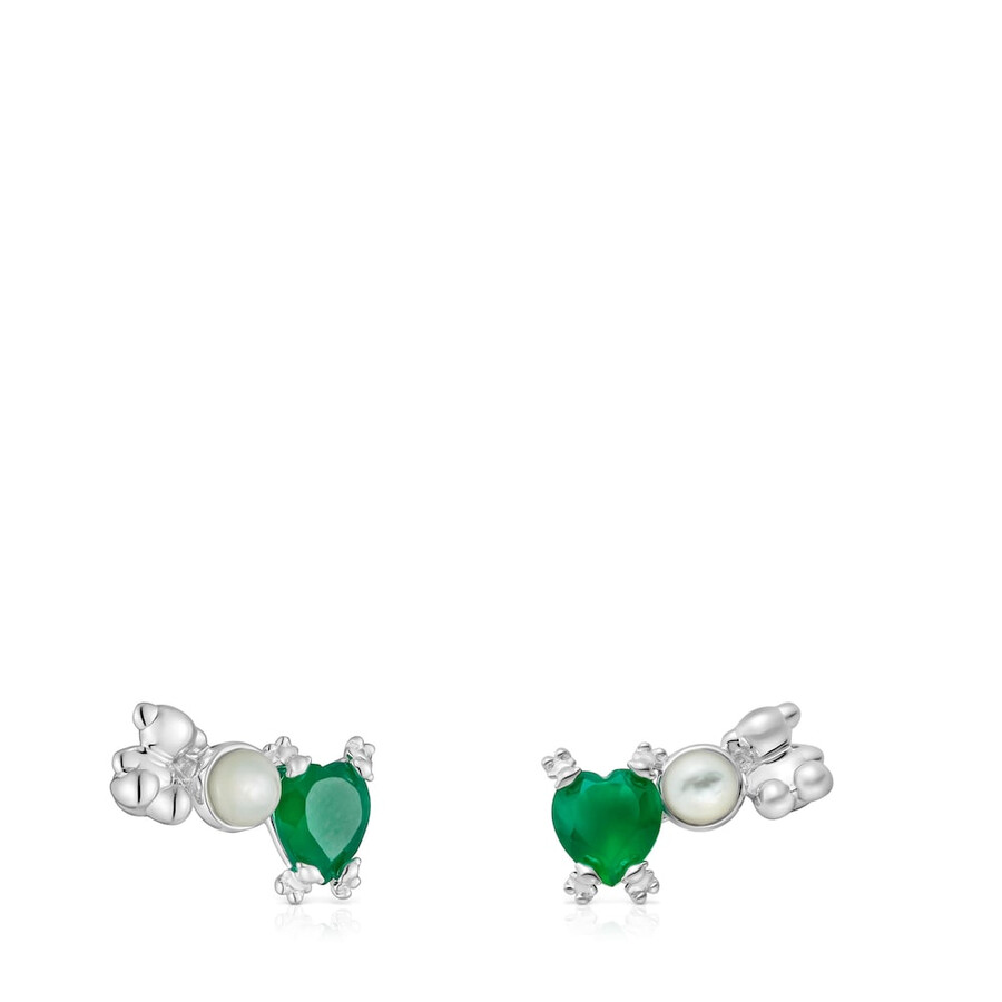 orecchini climber con orsetto dargento madreperla e calcedonio color pills