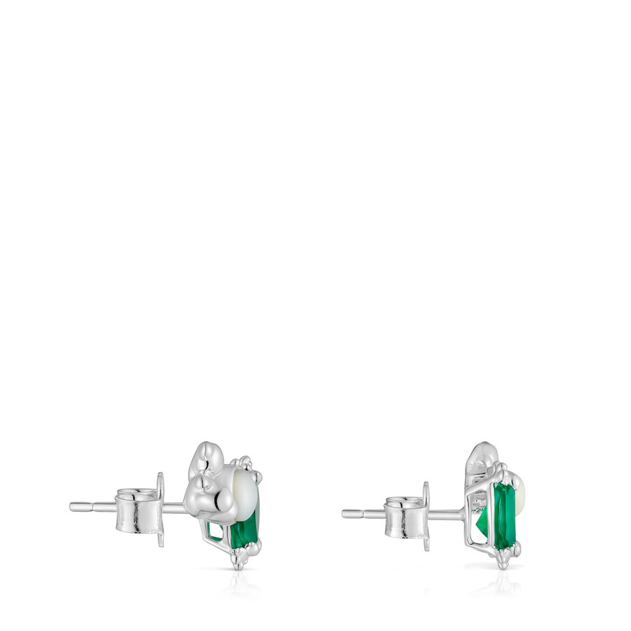 orecchini climber con orsetto dargento madreperla e calcedonio color pills