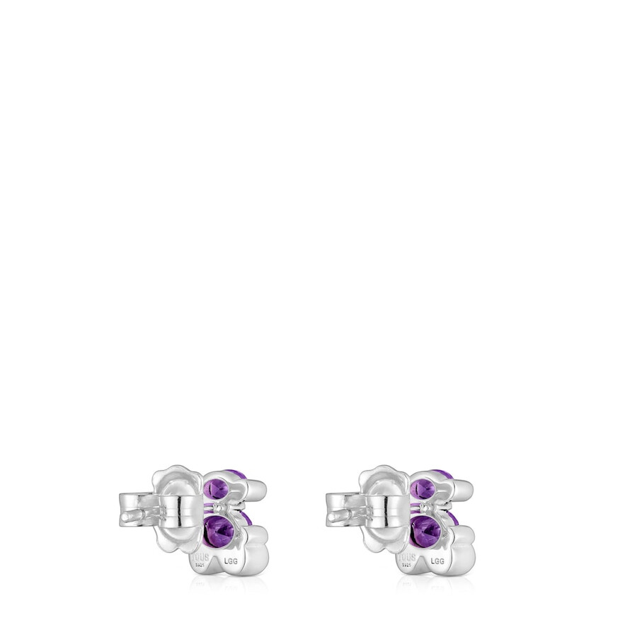 orecchini con motivo orso in argento da 8 mm con zaffiro lilla coltivato in laboratorio color bear lgg